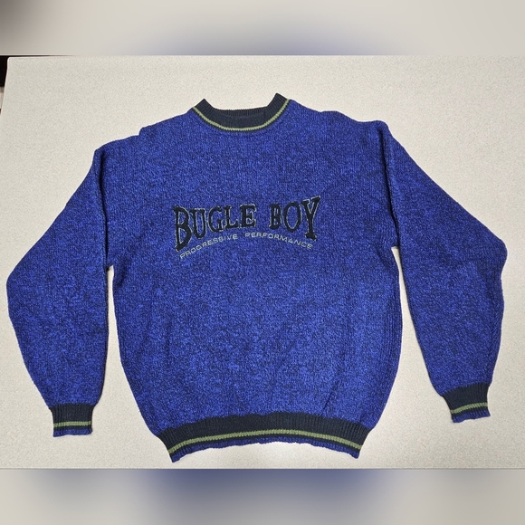 VTG Bugle Boy Sweater Men's L Blue Knit Streetwear Logo 80s 90s - Picture 1 of 7